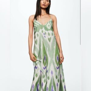 Mango MNG Ikat Slip Midi Dress Green Purple Open Back Resort Sundress S